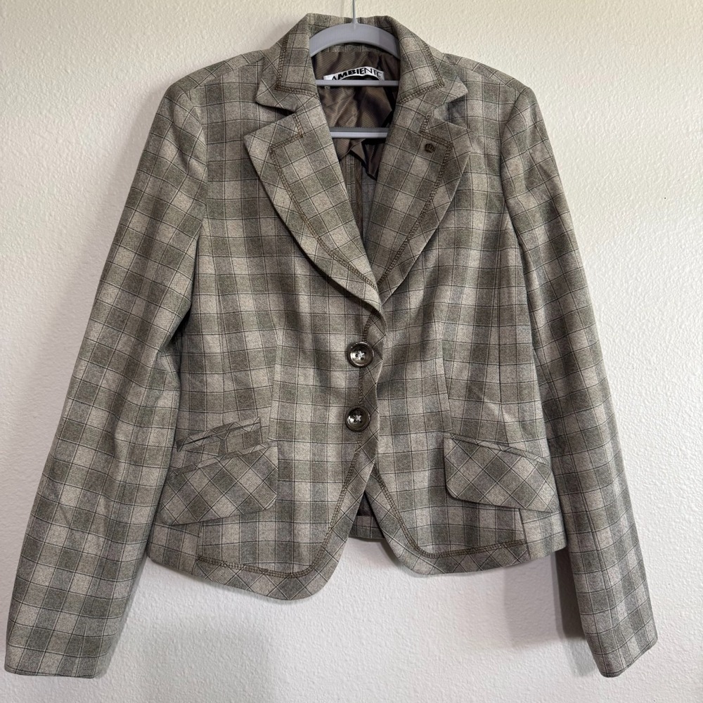 Ambiente Blazer Women's 8 Gray Button Plaid Single Breasted Long Sleeves Jacket